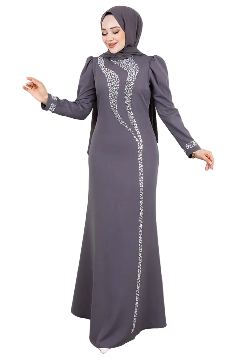 Crepe Evening Dress with Stone Detail – Modest Hijab Gown | NEOMODEST