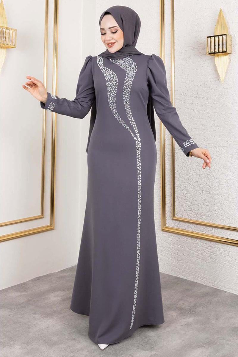 Mec Crepe Evening Dress With Stone Detail On Sleeves And Front
