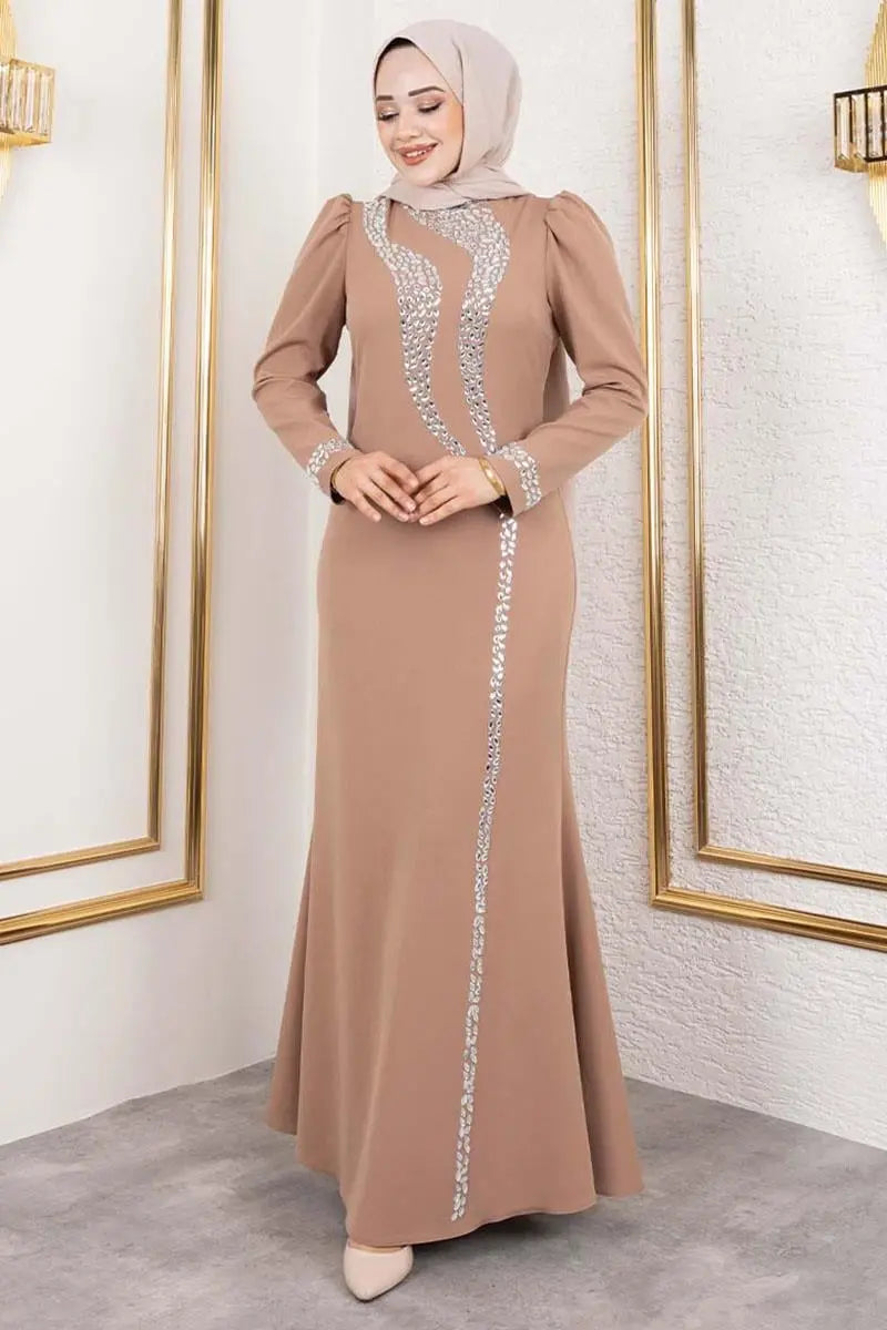 Mec Crepe Evening Dress With Stone Detail On Sleeves And Front