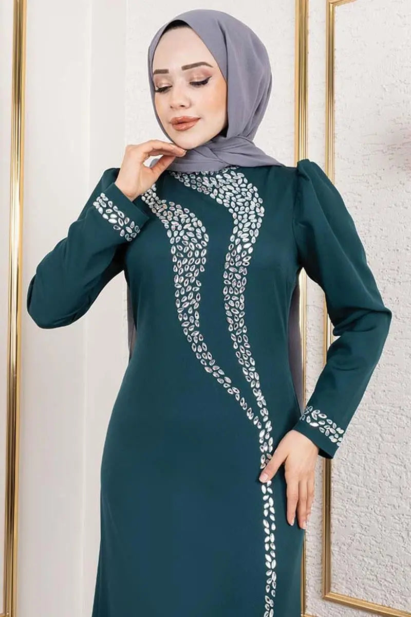 Mec Crepe Evening Dress With Stone Detail On Sleeves And Front