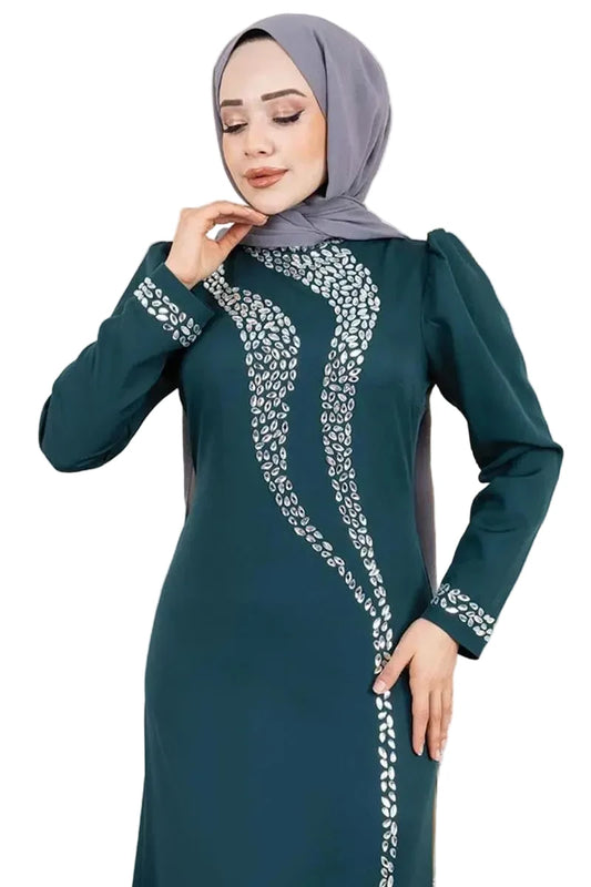 Mec Crepe Evening Dress With Stone Detail On Sleeves And Front