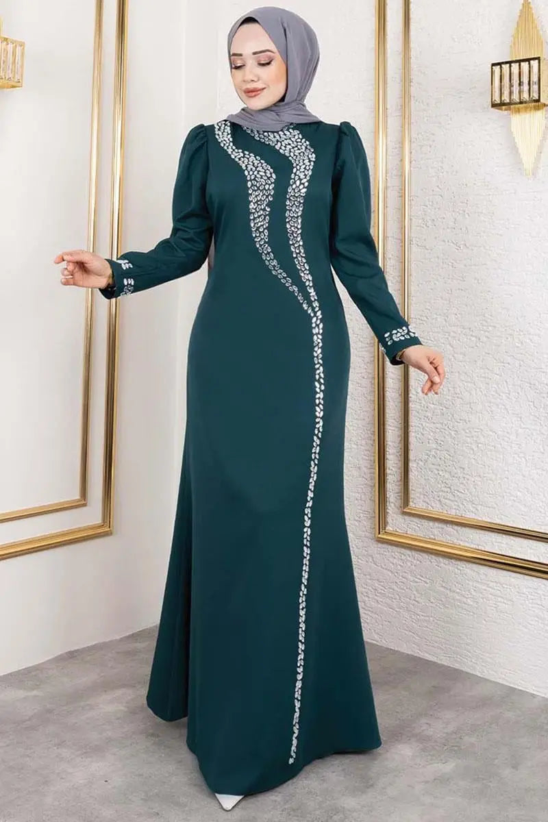 Mec Crepe Evening Dress With Stone Detail On Sleeves And Front