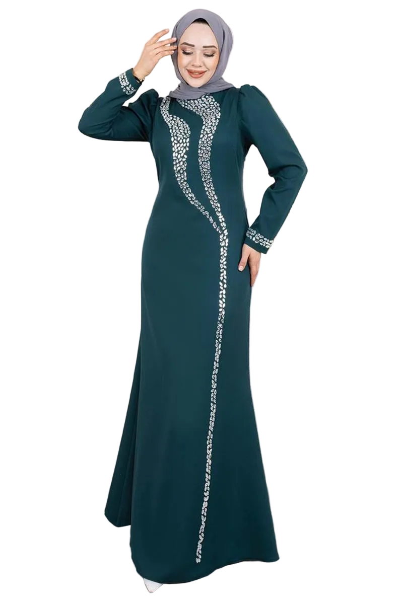 Crepe Emerald Evening Dress with Stone Detail