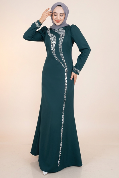Crepe Emerald Evening Dress with Stone Detail