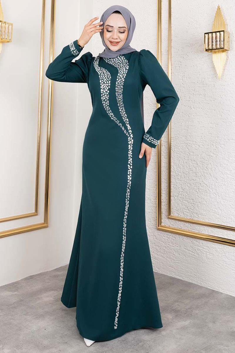 Mec Crepe Evening Dress With Stone Detail On Sleeves And Front