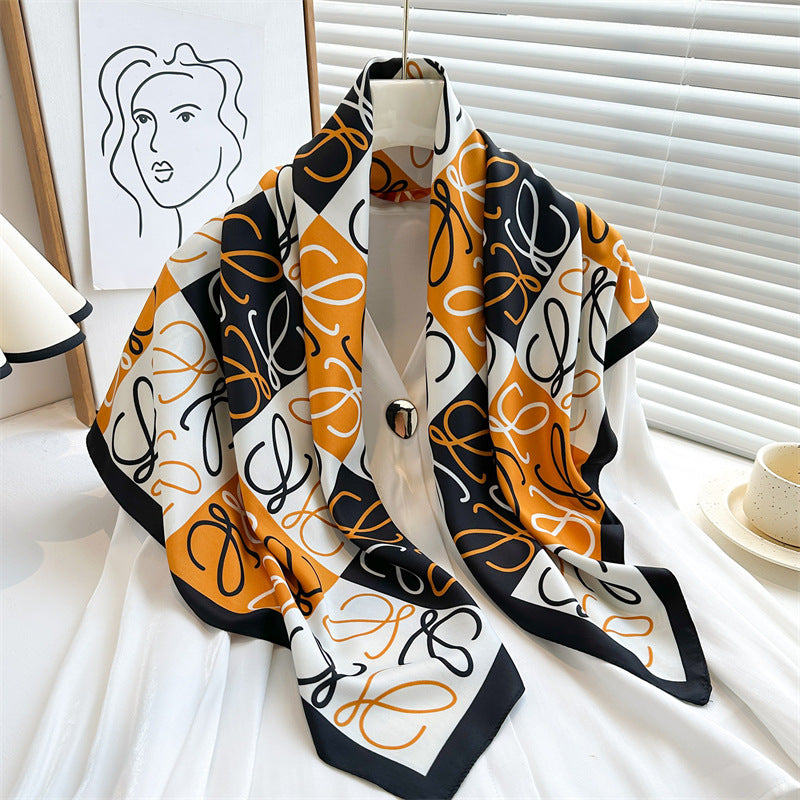 Women's Premium Twill Silk Scarf, Large Printed 90/90cm Striped Square Scarf