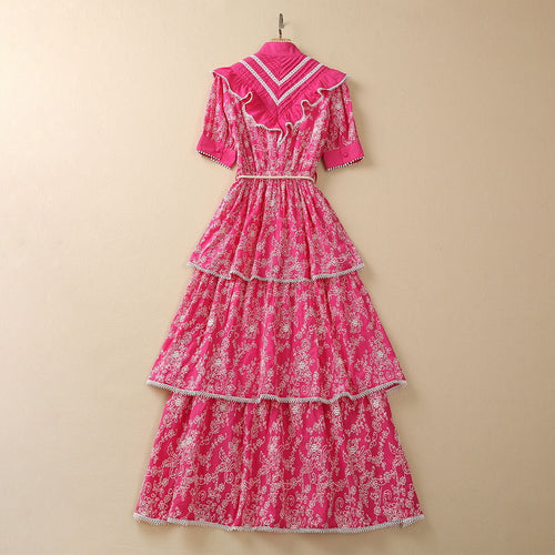 Rose Red Embroidered Modest Dress | Pleated Ruffled Cotton Blend