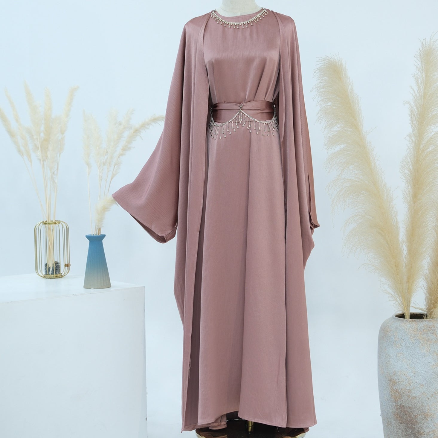 Crystal Chain Two-Piece Abaya Set | Luxury Modest Suit
