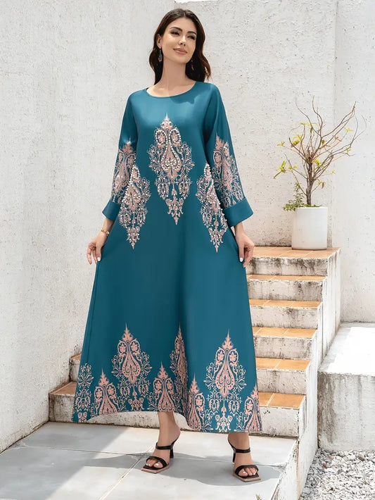 Abaya-Kleid für Damen aus dem Nahen Osten, langes Gewand mit Blumenmuster, islamische Kleidung, bescheidenes Kleid