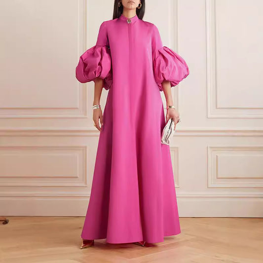 Floral Sleeved Solid Colour Lapel Evening Dress