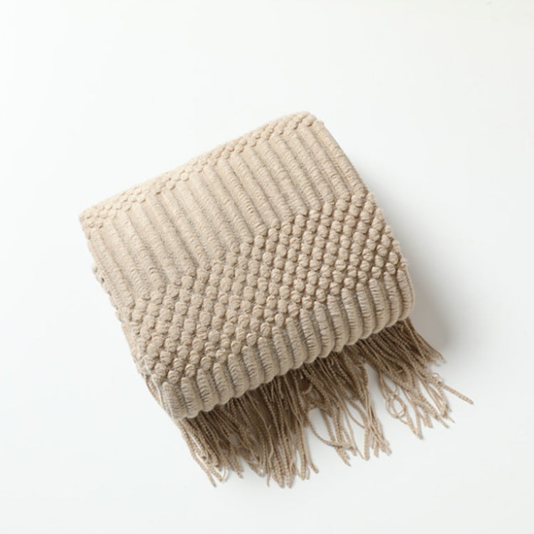 Sofa Bed Blanket Cashmere-like Warm Tassel Scarf - Khaki / 127X152