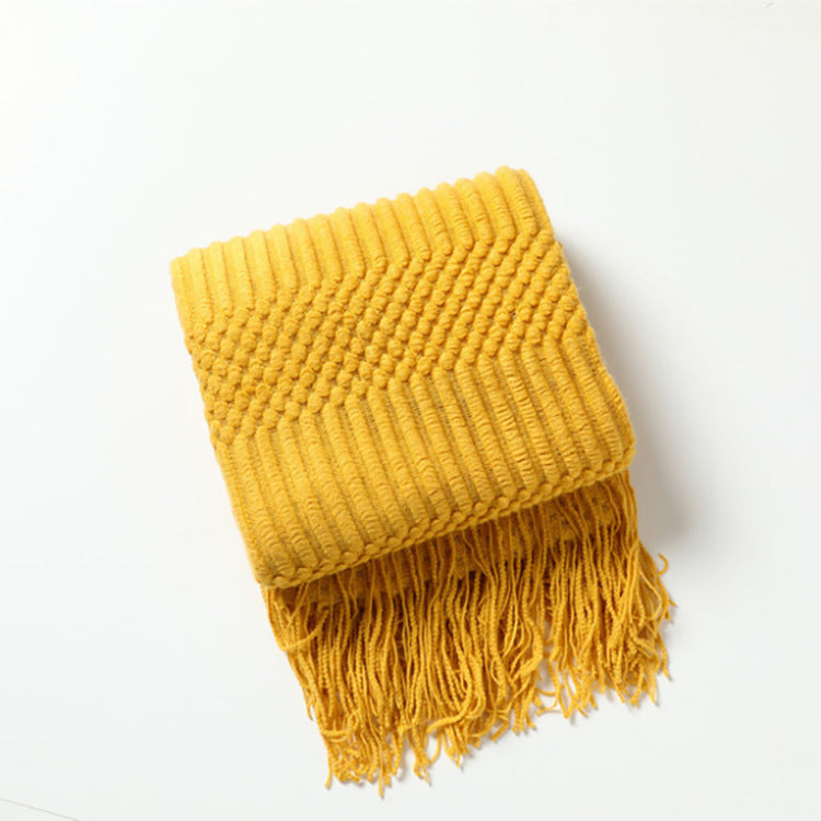 Sofa Bed Blanket Cashmere-like Warm Tassel Scarf - Yellow / 127X152