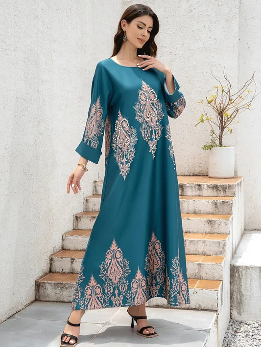 Abaya-Kleid für Damen aus dem Nahen Osten, langes Gewand mit Blumenmuster, islamische Kleidung, bescheidenes Kleid