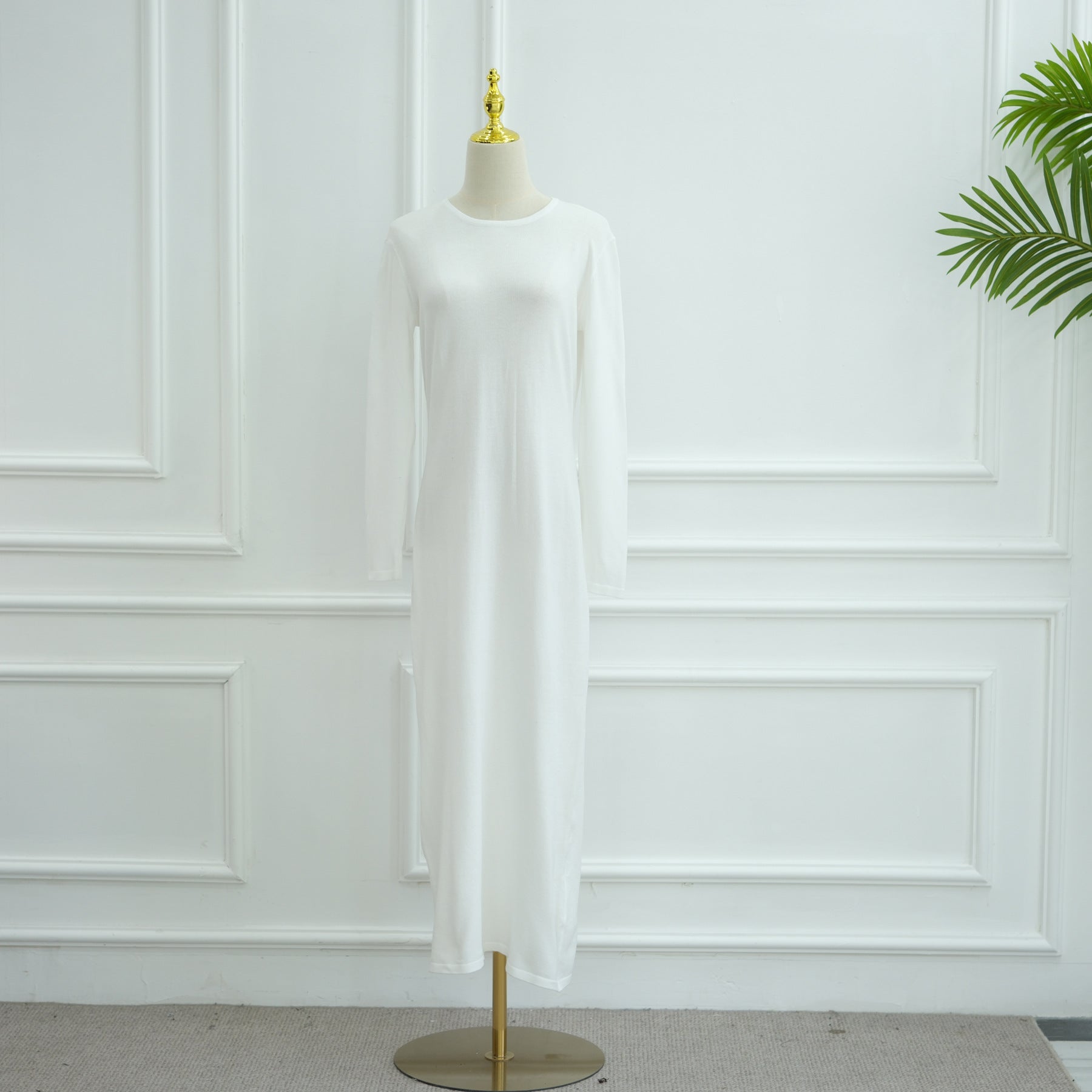 Elegant Hollow-Out Knit Dress - Modest A-Line Long Sleeve