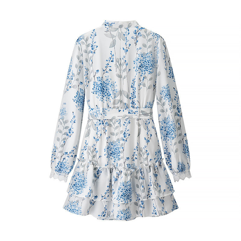 Women's Printed Stand Collar Puff Sleeve Ruffled Dress