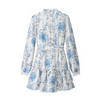 Women's Printed Stand Collar Puff Sleeve Ruffled Dress