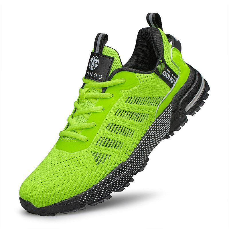 Bright green athletic shoe with black accents on a white background