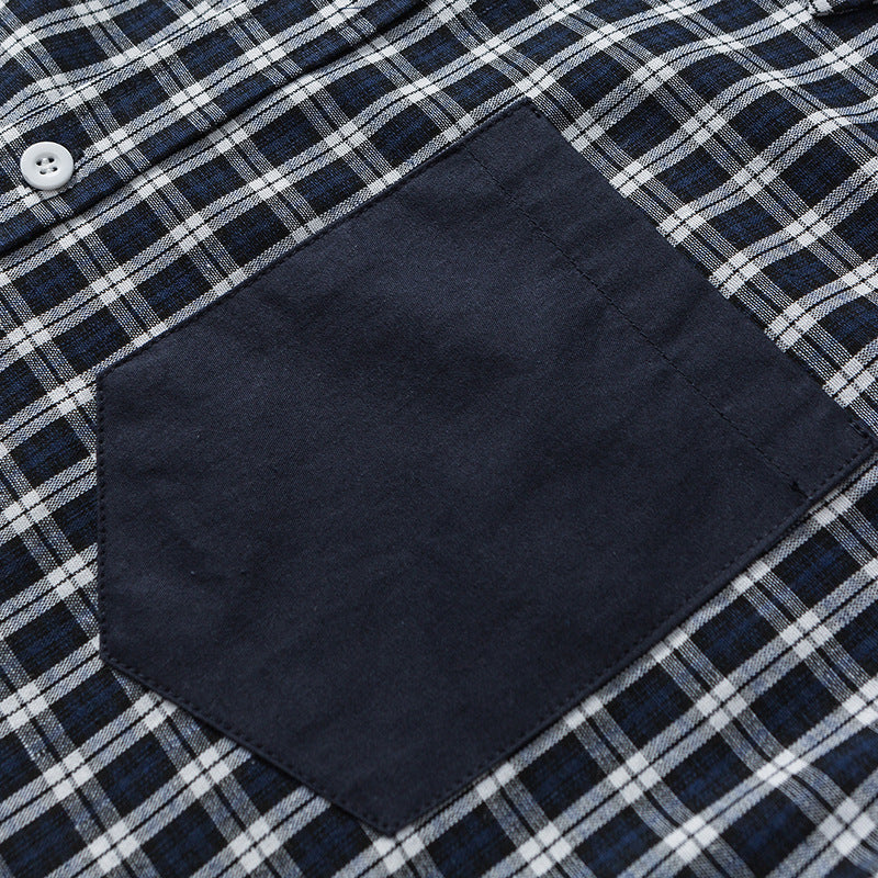 Men's Japanese Retro Patchwork Plaid Shirt | Blue Cotton Blend