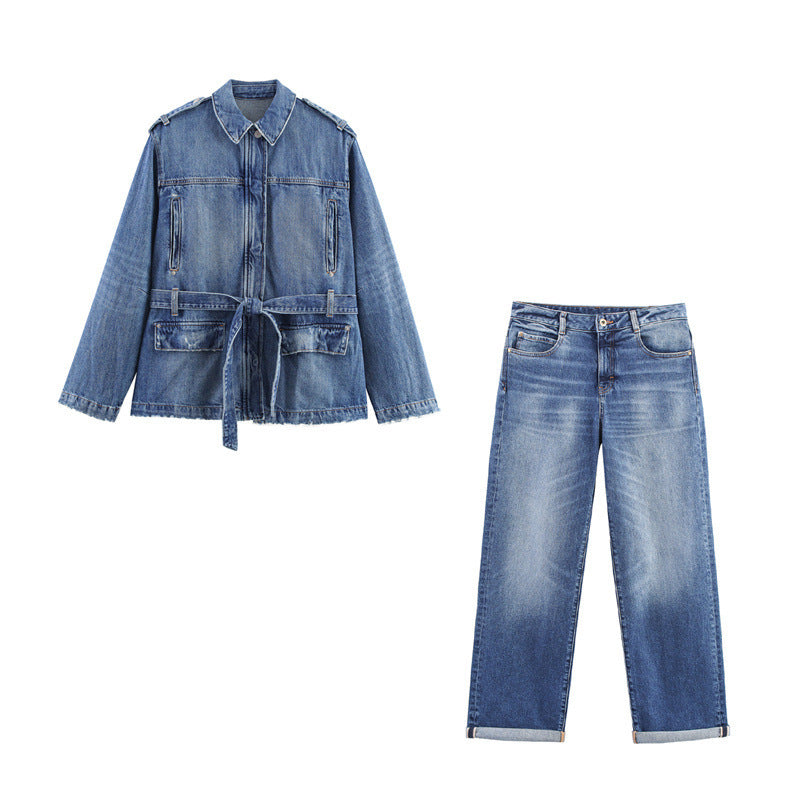 Long Denim Jacket with Loose High Waist Curl Jeans