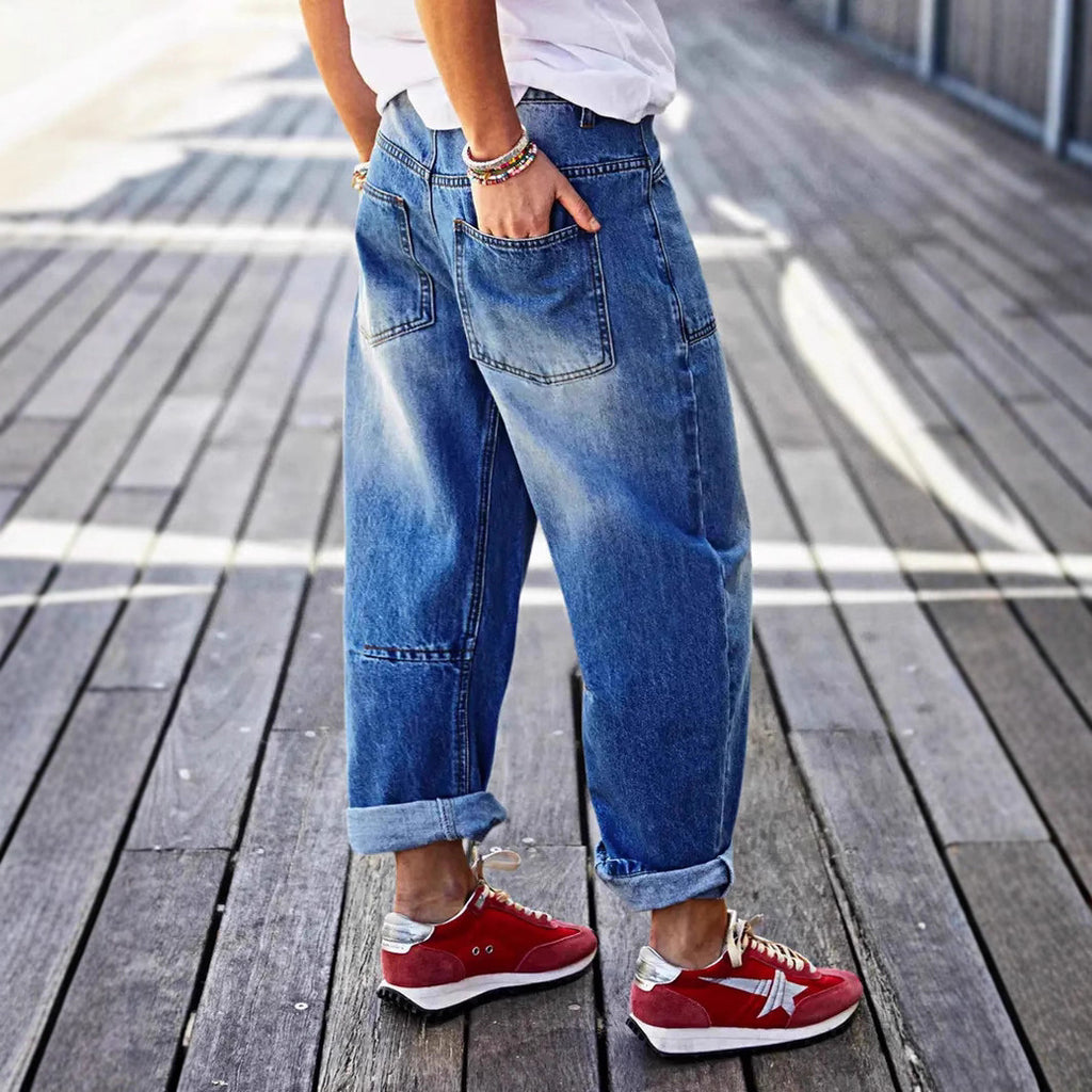 Mid-Rise Cropped Boot-Cut Jeans – Modest Denim in Blue & Grey