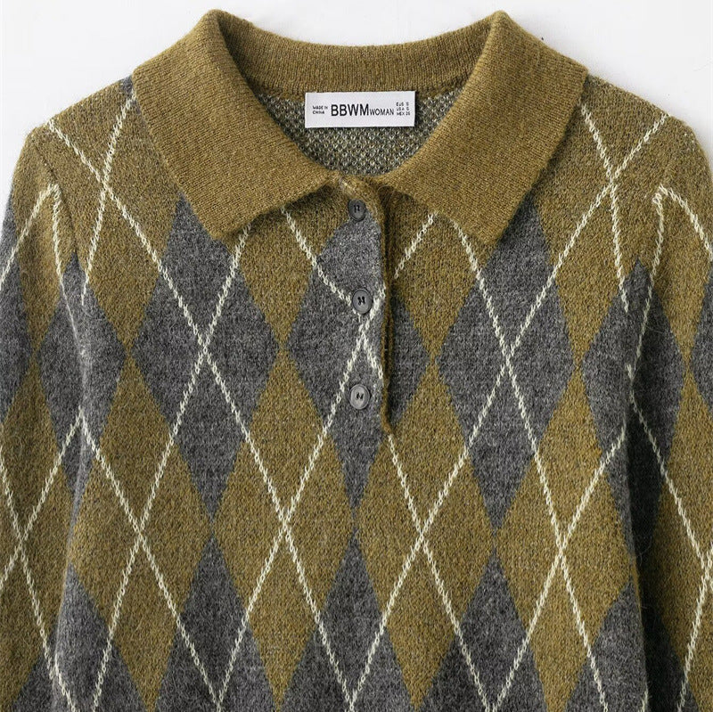 Women's Long-sleeve Buttoned Diamond-patterned Knitted Sweater