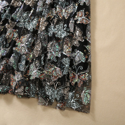 Black Sequined Butterfly Modest Dress | Long Sleeve Wide Hem