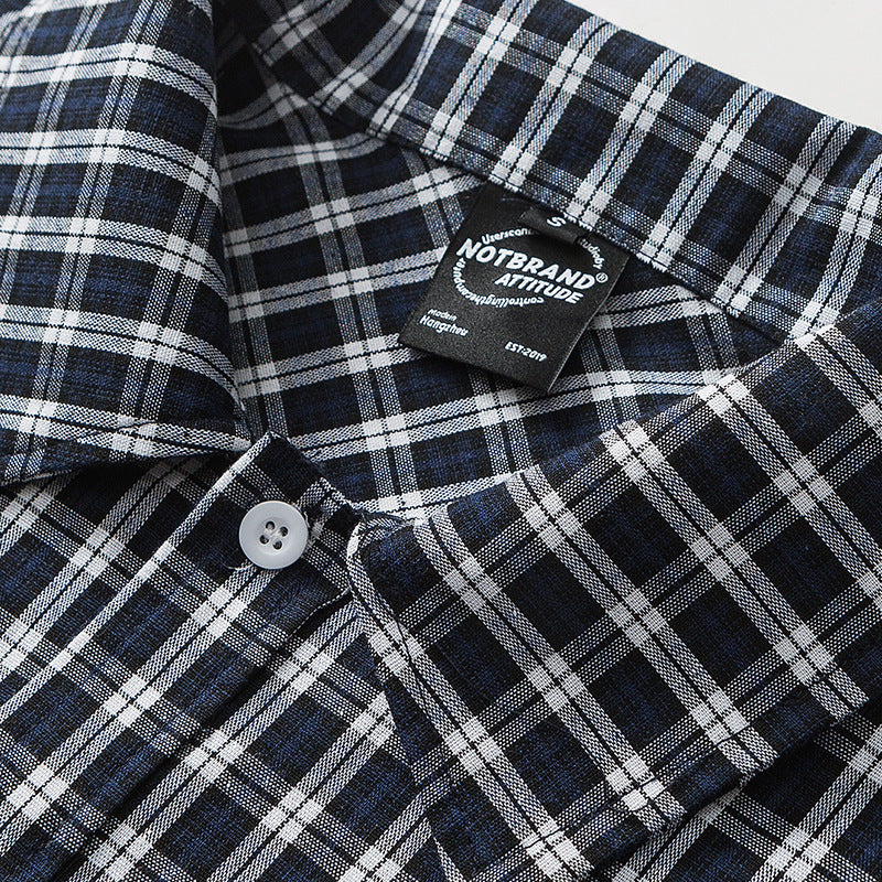 Men's Japanese Retro Patchwork Plaid Shirt | Blue Cotton Blend