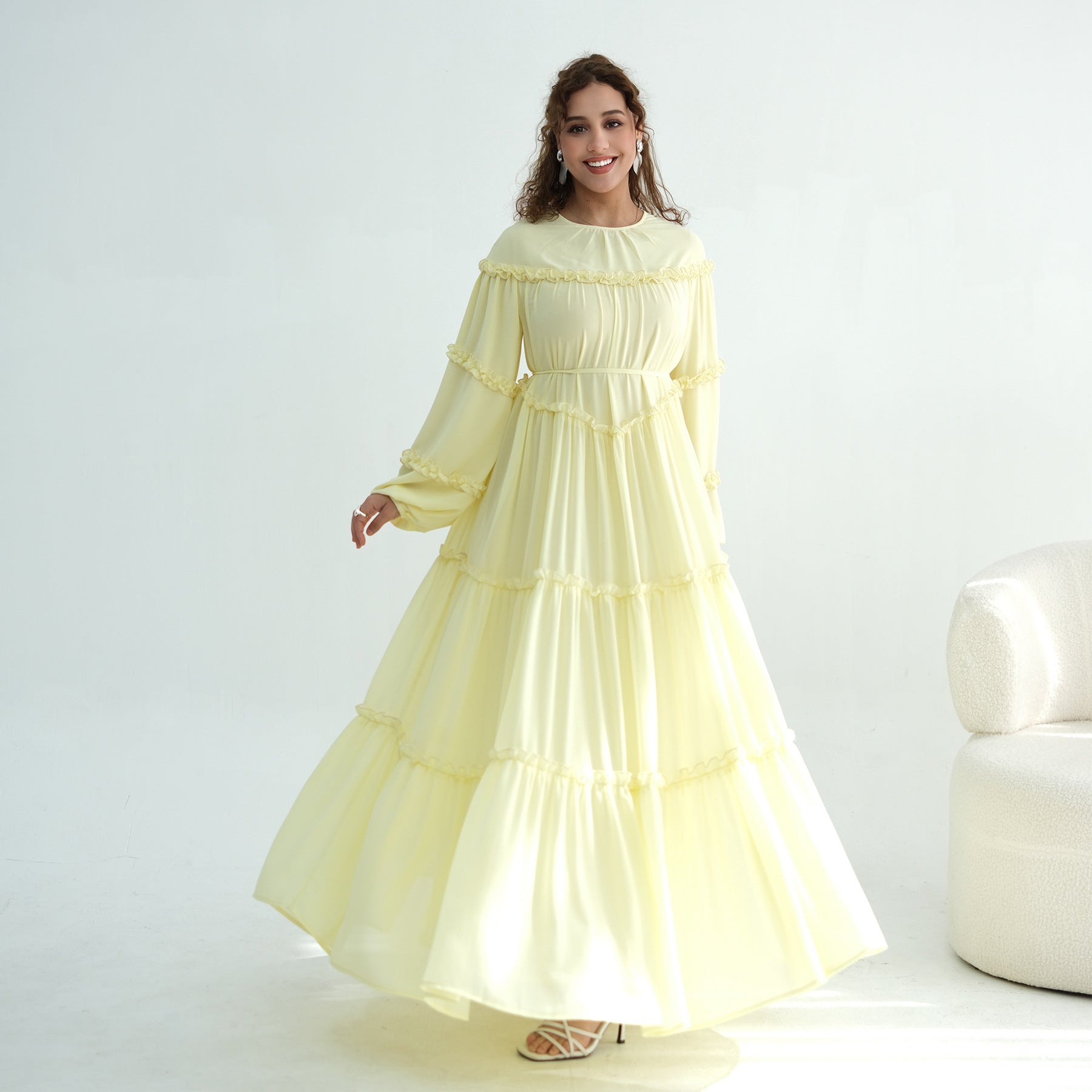 Lace-Trimmed Tiered Modest Dress - Long Sleeve A-Line Maxi