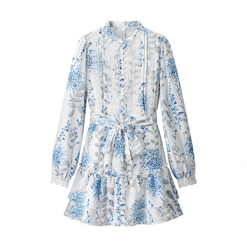 Women's Printed Stand Collar Puff Sleeve Ruffled Dress
