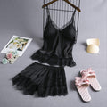 Elastic Satin Lace Nightdress With Korean Style Suspenders - Black / L