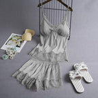 Elastic Satin Lace Nightdress With Korean Style Suspenders - Light Gray / L