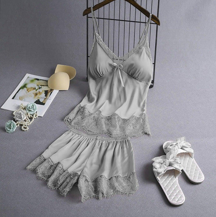 Elastic Satin Lace Nightdress With Korean Style Suspenders - Light Gray / L