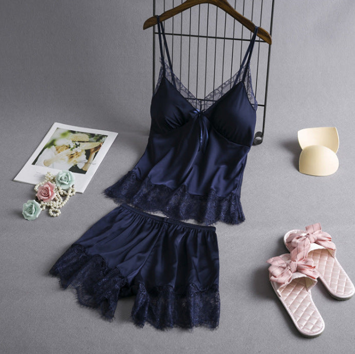 Elastic Satin Lace Nightdress With Korean Style Suspenders - Navy Blue / L