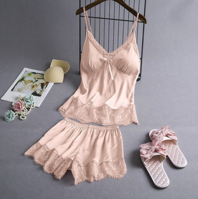 Elastic Satin Lace Nightdress With Korean Style Suspenders - Skin Color / L