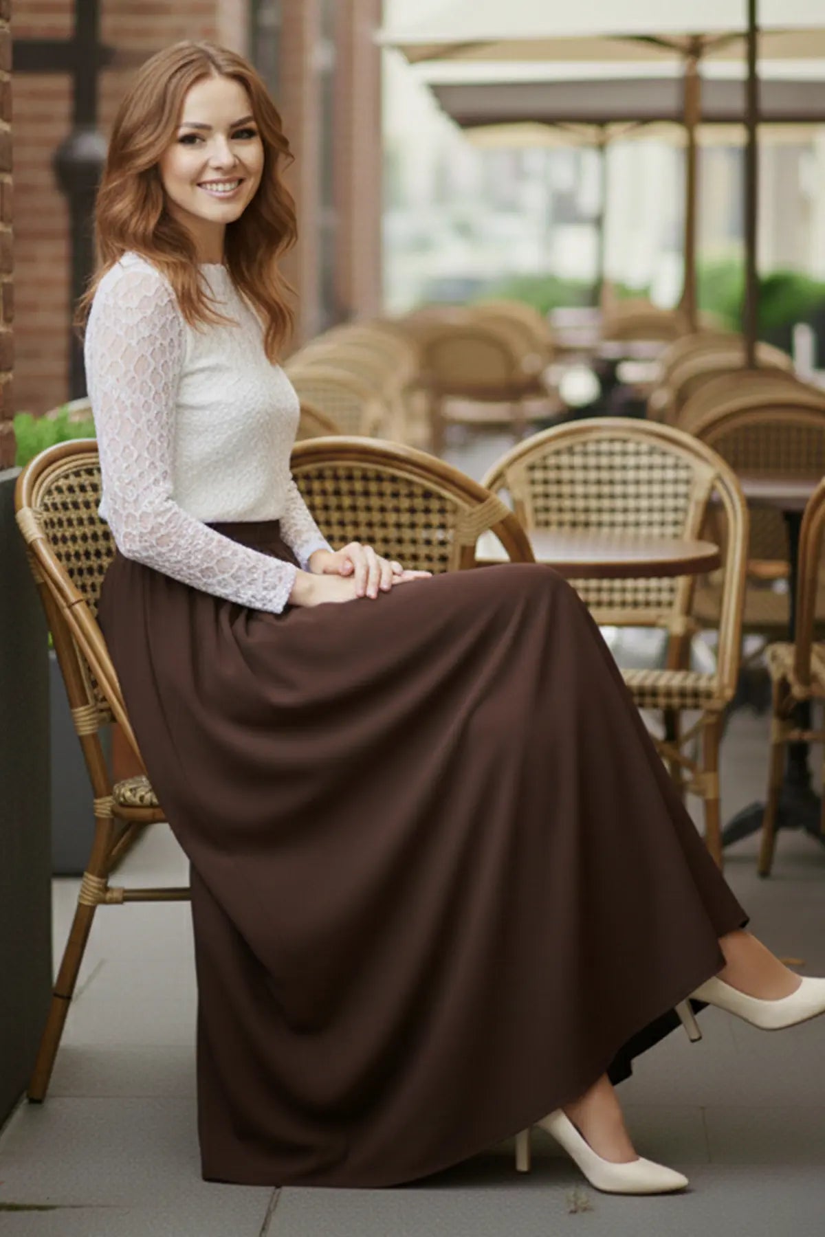 Elastic Waist Double Skirt | Brown – NEOMODEST product image 2