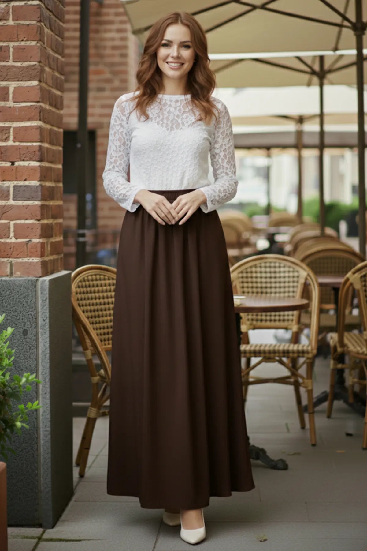Elastic Waist Double Skirt | Brown – NEOMODEST product image 3