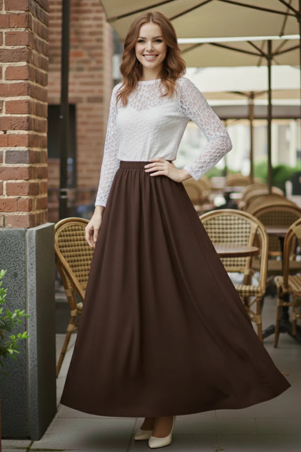 Elastic Waist Double Skirt | Brown – NEOMODEST product image 4
