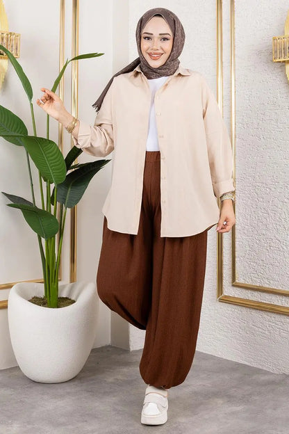 Elastic Waist Shalwar Trousers | Brown – NEOMODEST product image 3