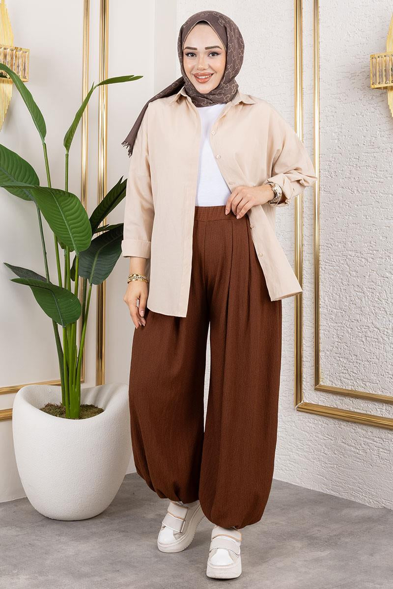 Elastic Waist Shalwar Trousers | Brown – NEOMODEST product image 1
