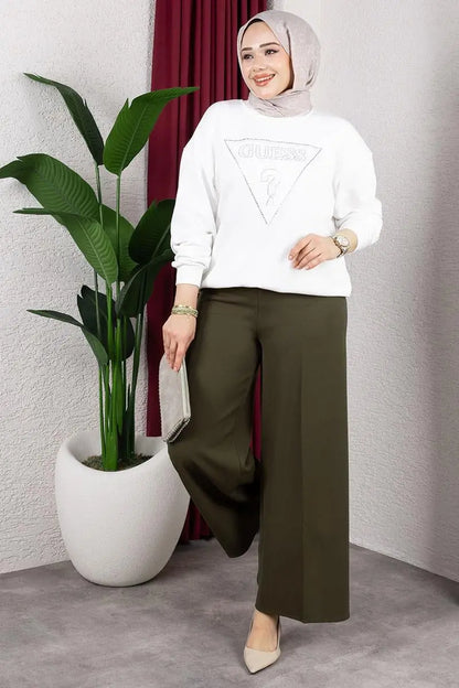 Elastic Waist Wide Leg Trousers | Khaki – NEOMODEST product image 2