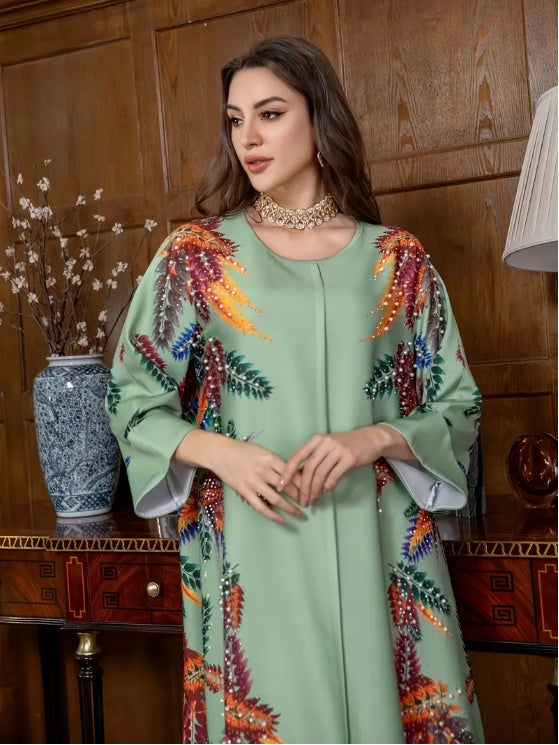 Elegant Floral Print Long Sleeve Abaya Dress - Abaya dress
