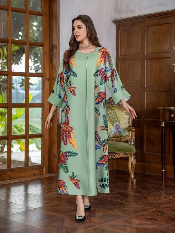 Elegant Floral Print Long Sleeve Abaya Dress - Abaya dress