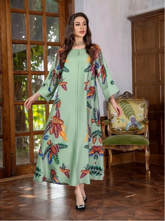 Elegant Floral Print Long Sleeve Abaya Dress - Abaya dress