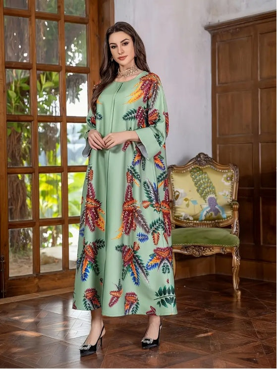 Elegant Floral Print Long Sleeve Abaya Dress - Abaya dress