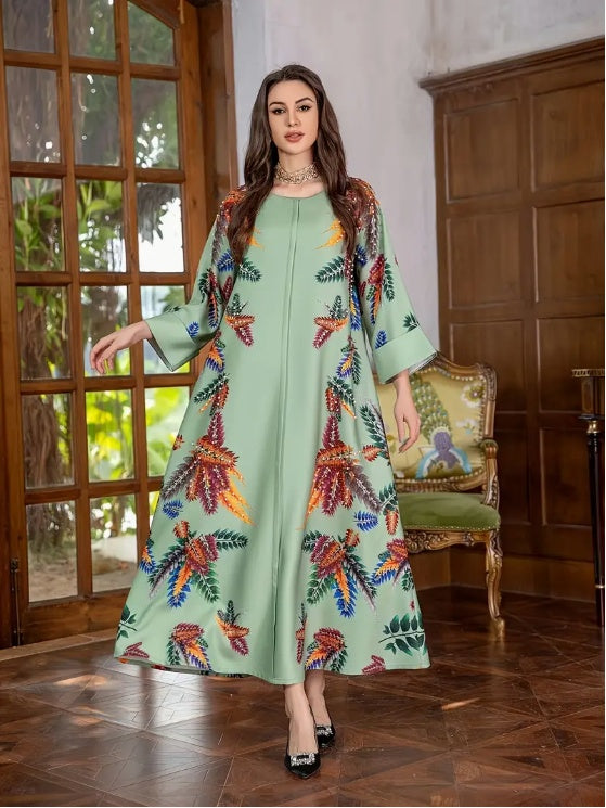 Elegant Floral Print Long Sleeve Abaya Dress - Green / 2XL - Abaya dress