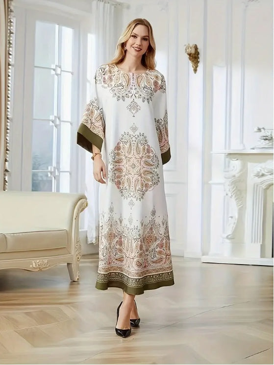 Elegant Floral Print Long Sleeve Abaya Dress - Multicolor / 2XL - Square scarf
