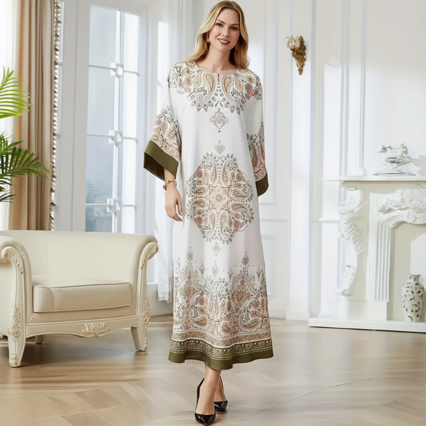 Floral Print Lace-Trim Abaya | Long Sleeve Modest Maxi Dress