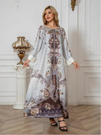 Elegant Floral Print Long Sleeve Abaya Dress Premium Abaya Dress Summer Clothing - White / 2XL - Abaya Dress