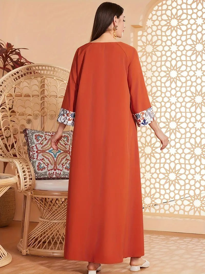 Elegant Floral Print Long Sleeved Abaya Robe Dress - Abaya dress