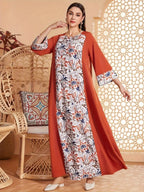 Elegant Floral Print Long Sleeved Abaya Robe Dress - Abaya dress